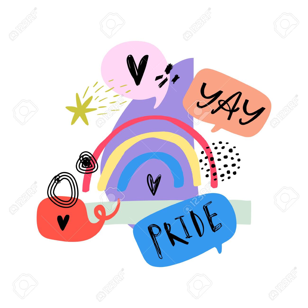 Gay Pride LGBT rainbow concept. Speech bubbles. Doodle style vector colorful illustration.